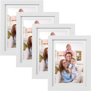 Set of 4 White Wood Grain Frames for 5x7 Photos with Mat or 6x8 without Mat, Wall or Tabletop Display