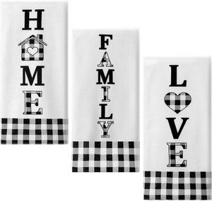 3 Pieces Buffalo Plaid Home Family Love, Black and White, Country Christmas Kitchen Towels Set
