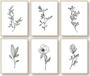 Botanical Plant Wall Art Prints, Black and White Kitchen Wall Decor (Set of 6, 8X10in, Unframed)