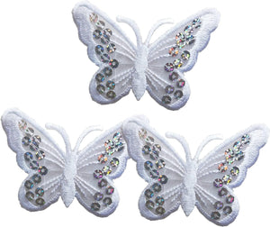 3Pcs White Butterfly Iron On Sew on Patch, Embroidered Applique Repair Patch DIY Craft Accessories (White)