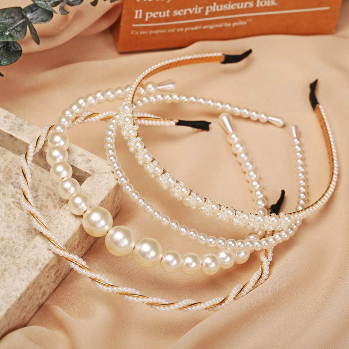 4 Pack Pearls Fashion Headbands,White Artificial Pearl Rhinestones Hairbands,Bridal Hair Hoop