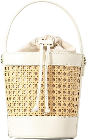 Rattan Bucket Bag for Women Straw Beach Bag Drawstring Crossbody Purse PU Leather, White