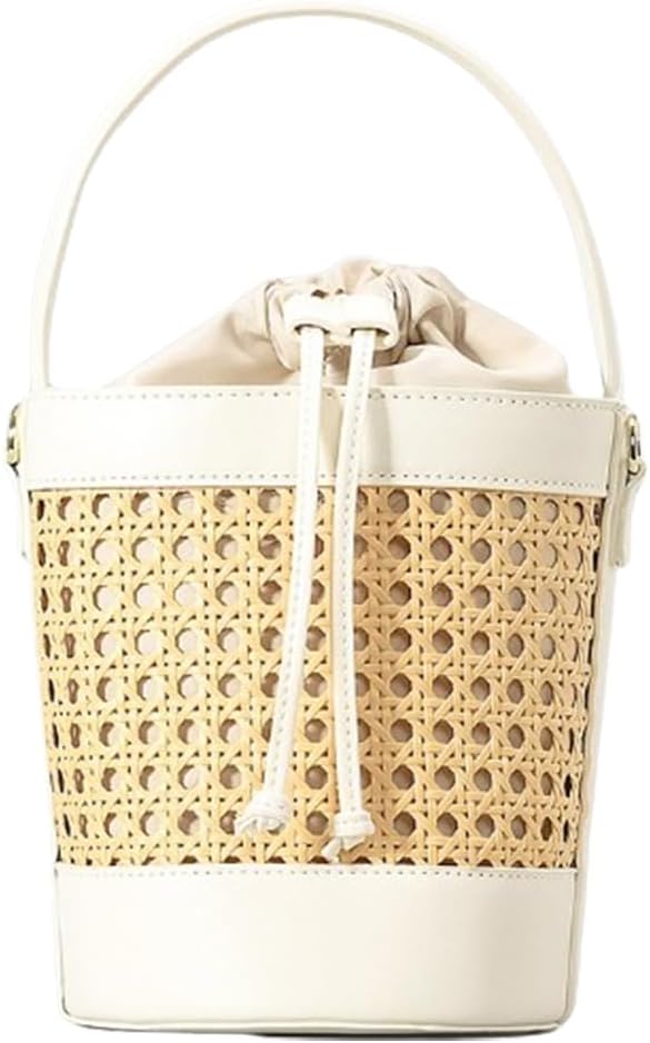 Rattan Bucket Bag for Women Straw Beach Bag Drawstring Crossbody Purse PU Leather, White