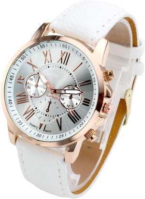 Fashion Women's Analog Watch, PU Leather Band Rose Gold Tone - White