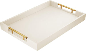 17" x 12" Wood Serving Tray with Gold Polished Metal Handles, Home Decorative Wooden Rectangle Ottoman Leather Decor