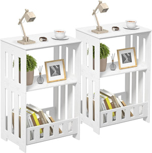 Side Table Nightstand Set of 2, 3-Tier Narrow End Table with Display Shelf, White
