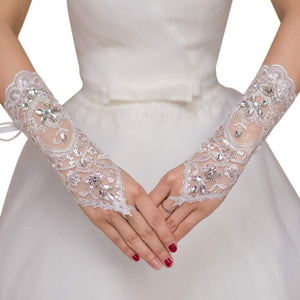 Lace Gloves Fingerless Rhinestone Bridal Gloves Crystal Bridal Lace Gloves for Wedding Party Opera Prom Halloween