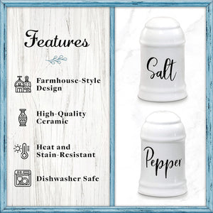 Farmhouse Kitchen Decor Ceramic Salt Shaker, White Salt and Pepper Shaker Set Holder Table Decor