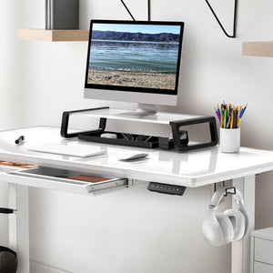 48-Inch Glass Electric Height Adjustable Desk with Monitor Riser and Drawer, White