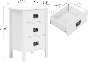 Set of 2 Side End Table with 3 Drawers for Bedroom with Solid Wood Legs