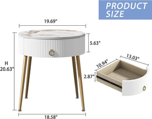 Round Nightstand with Drawer, Modern Side Table with Marbling Natural Stone Tabletop and Metal Legs, Gold