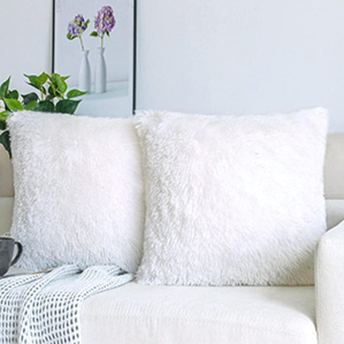 Luxury Soft Faux Fur Fleece Cushion Cover Pillowcase Decorative Throw Pillows Covers, 18" x 18" Inch, White, 2 Pack