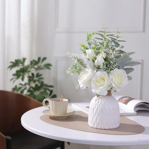 Artificial Flowers with Ceramic Vase,Faux Silk Roses and Fake Plant Eucalyptus in Vase (White)