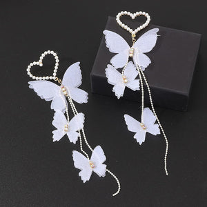 White Butterfly Beaded Heart Nickel Earrings for Women Girls