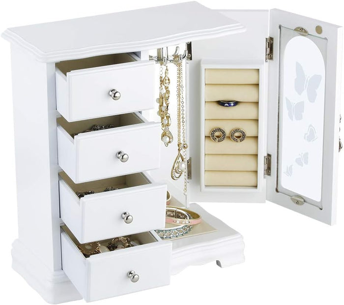 Jewelry Box - Made of Solid Wood with 4 Drawers Organizer and Built-in Necklace Carousel and Large Mirror White