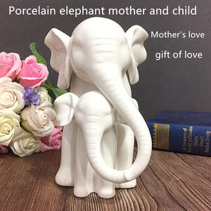 White Porcelain Mother and Baby Elephant Statue/Figurine in High Gloss Finish