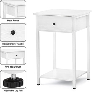Nightstand White End Side Table with Drawer and Storage Shelf, Easy Assembly, White