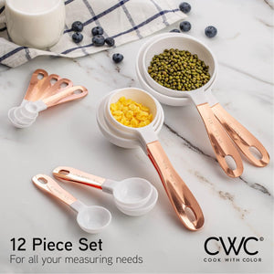 12 PC Measuring Cups Set and Measuring Spoon Set with Copper Coated Stainless Steel Handles, White