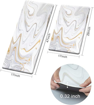 2 Pieces White Marble Waterproof Cushioned Kitchen Rugs Set PVC Leather Runner Non-Slip Anti Fatigue