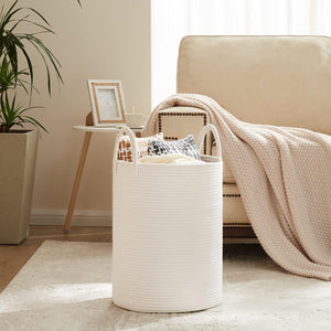 White Woven Rope Laundry Basket, 58L Tall Laundry Basket for Blanket Storage, Beige