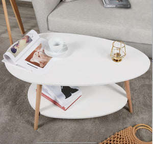 Coffee Table Oval Wood with Open Shelving for Storage and Display 2 Tier, White