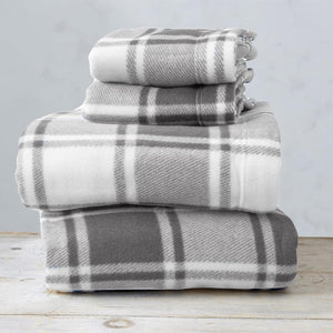 Super Soft Queen Plaid Grey Micro Fleece Sheet Set | Cozy, Warm, Durable, Breathable, and Fluffy Bed Sheets