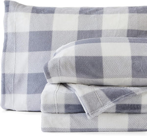 Extra Soft Velvet Fleece Sheet Set | Super Plush Polar Fleece | Velvet Plush Cozy Warmth | Queen - Plaid Grey/White