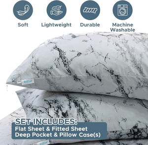 3-Pcs Bed Sheet Set Twin Size with Flat Sheet, 16-inch Deep Pocket Fitted Sheet, Pillow Case, White Marble