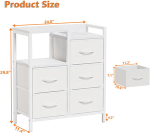 Small Chest of Drawers with 2-Tier Open Shelf and 5 Fabric Drawers, White