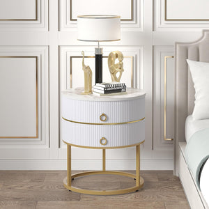 Marble End Table with Storage, Round Nightstand with Drawer, White and Gold