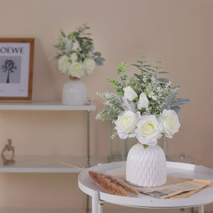 Artificial Flowers with Ceramic Vase,Faux Silk Roses and Fake Plant Eucalyptus in Vase (White)