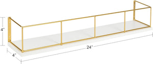 24 inch 2-Pack Wood and Metal Floating Wall Shelves, White and Gold