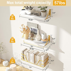 2+1 Floating Shelves for Wall, Bathroom Shelves Over Toilet with Metal Bar (White & Gold)
