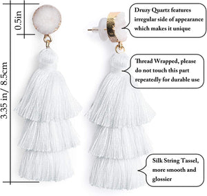 Layered Tassel Earrings Bohemian Tiered Tassel Druzy Stud Dangle Drop Earrings, White