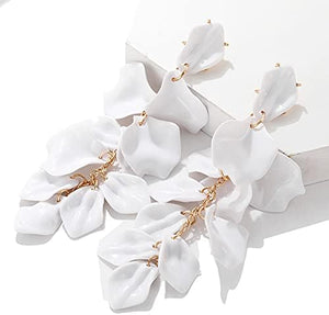 Vintage Long Acrylic Romantic Leaves Rose Petal Dangle Earrings, White