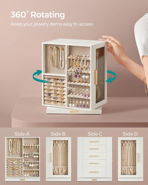 Jewelry Box 360° Rotating, Storage Case with 5 Drawe