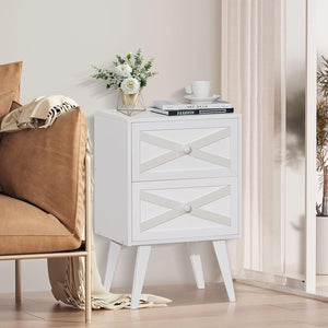 Mid-Centry Modern Nightstand with 2 Stroage Drawers, Farmhouse End Table with Barn Door, White