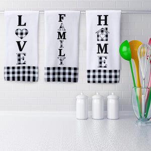 3 Pieces Buffalo Plaid Home Family Love, Black and White, Country Christmas Kitchen Towels Set
