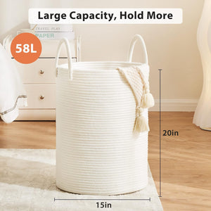 White Woven Rope Laundry Basket, 58L Tall Laundry Basket for Blanket Storage, Beige