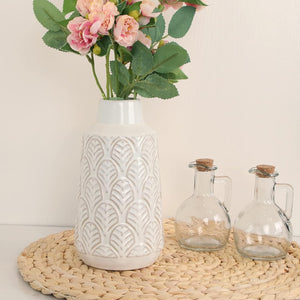 8-Inch Ceramic White Modern Rustic Vases, Farmhouse Distressed Decorative Beige White Finish Boho Vases