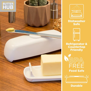 Magnetic Butter Dish with Lid and Knife, Plastic, Dishwasher Safe (White)