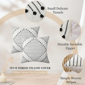 Set of 2 Farmhouse Decorative Boho Black and Cream White Pillow Covers, 18 x 18 inches
