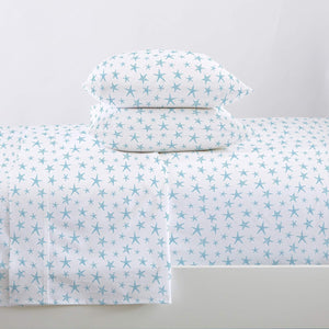 Printed Coastal Microfiber Bed Sheets. Wrinkle Free, Deep Pockets, Beach Theme Sheet Set. Newport Collection (Queen, Starfish - Blue)