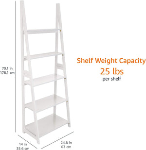 Modern 5-Tier Ladder Bookshelf Organizer, Solid Rubberwood Frame, White