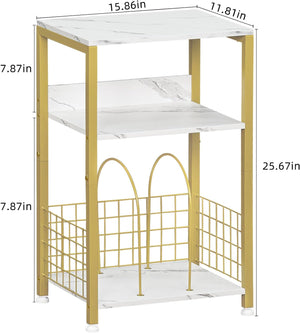 Side Table,White Marble Night Stand with Golden Metal Frame, 3 Tier Industrial Wooden Record Player Stand