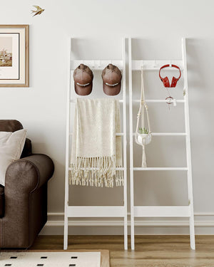 Decorative Wood Quilt Rack with 4 Removable Hooks, 5-Tier Farmhouse Ladder Holder Organizer