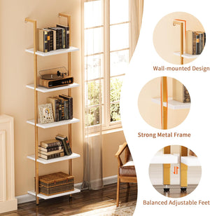 5-Tier Bookshelf, Narrow Book Shelf, Open Wall-Mounted Ladder Shelf with Metal Frame