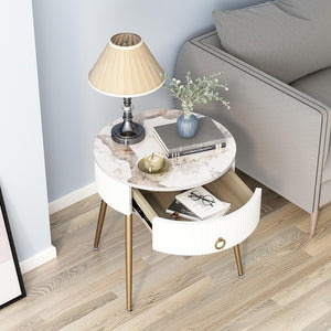 Round Nightstand with Drawer, Modern Side Table with Marbling Natural Stone Tabletop and Metal Legs, Gold