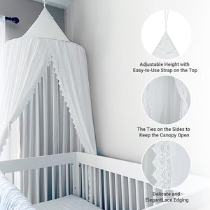 Kids Bed Canopy with Pom Pom Hanging Mosquito Net Room Decor, White