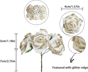 72pcs Glitter White Foam Fake Roses 1.57" Mini Foam Flowers Artificial Roses with Stems
